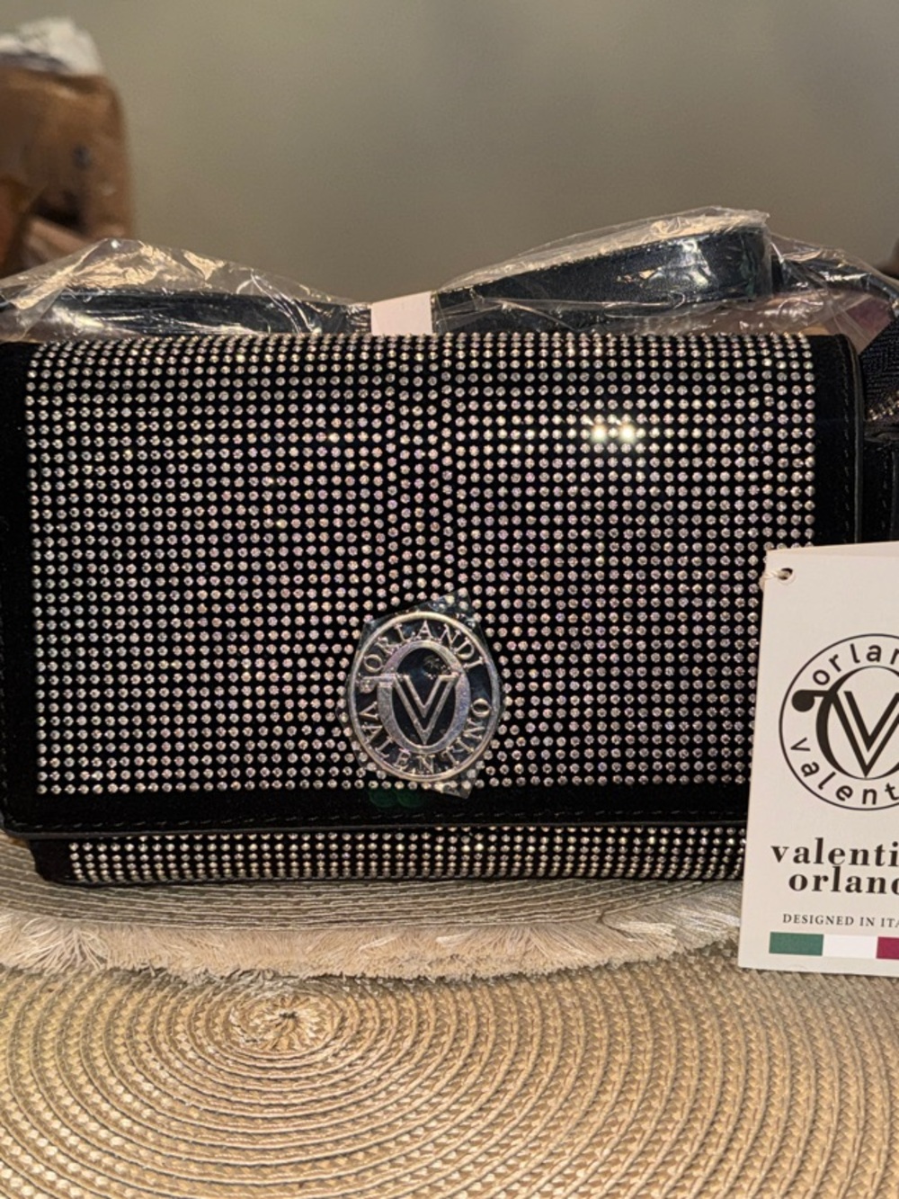 Valentino Orlandi Black Crystal-Studded Crossbody Bag- Keychain Sold Separately